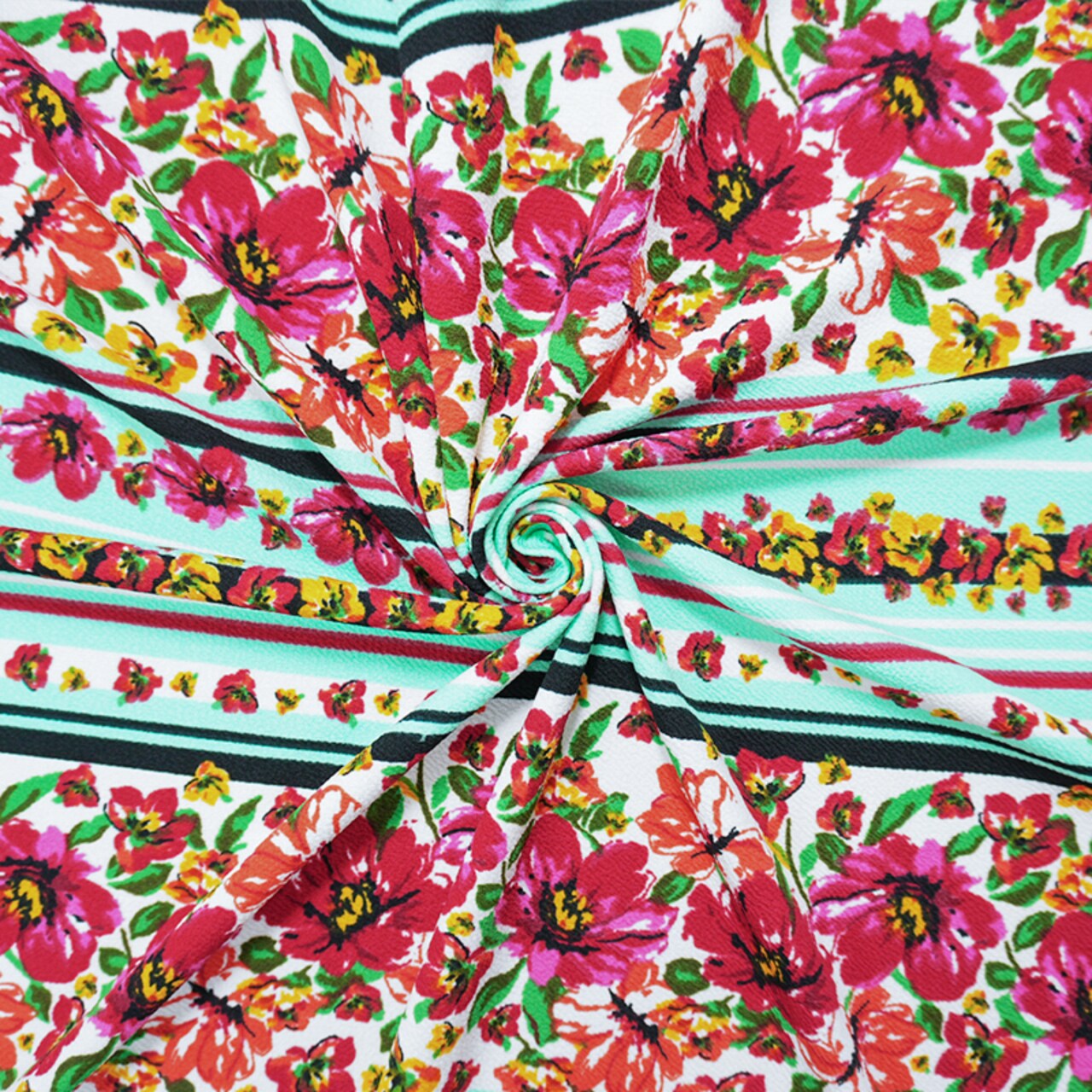 Teal-Red-Multi Poly Floral Stripe Print Liverpool Double Knit Fabric By the Yard